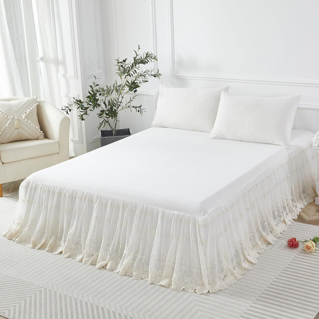 Luxury Ivory White Lace Bed Skirt Queen Size Split Corners Romantic Vintage Girls Bed Cover Dust Ruffle Bed Skirts 18