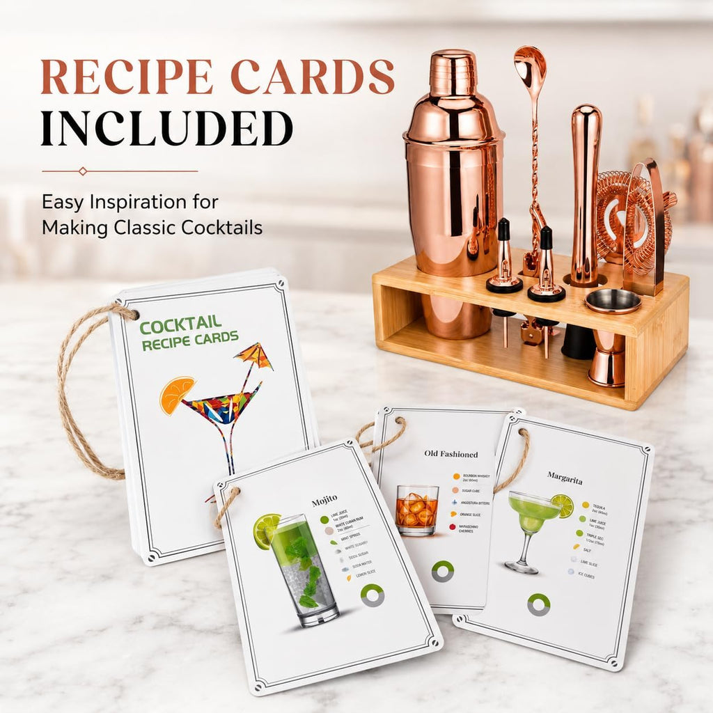 Rose Gold Cocktail Shaker Set, Premium 18/8 Stainless Steel Mixology Bartender Kit with Stylish Bamboo Stand 10-Piece - Set of 10