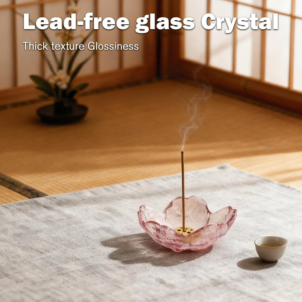 Incense Holder for Sticks, Glass Backflow Incense Burner with 9 Stick Holes, Handmade Cherry Blossom Incense Holder