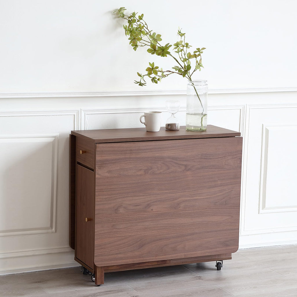 Drop Leaf Folding Dining Table with Storage, Wheels, Space Saving