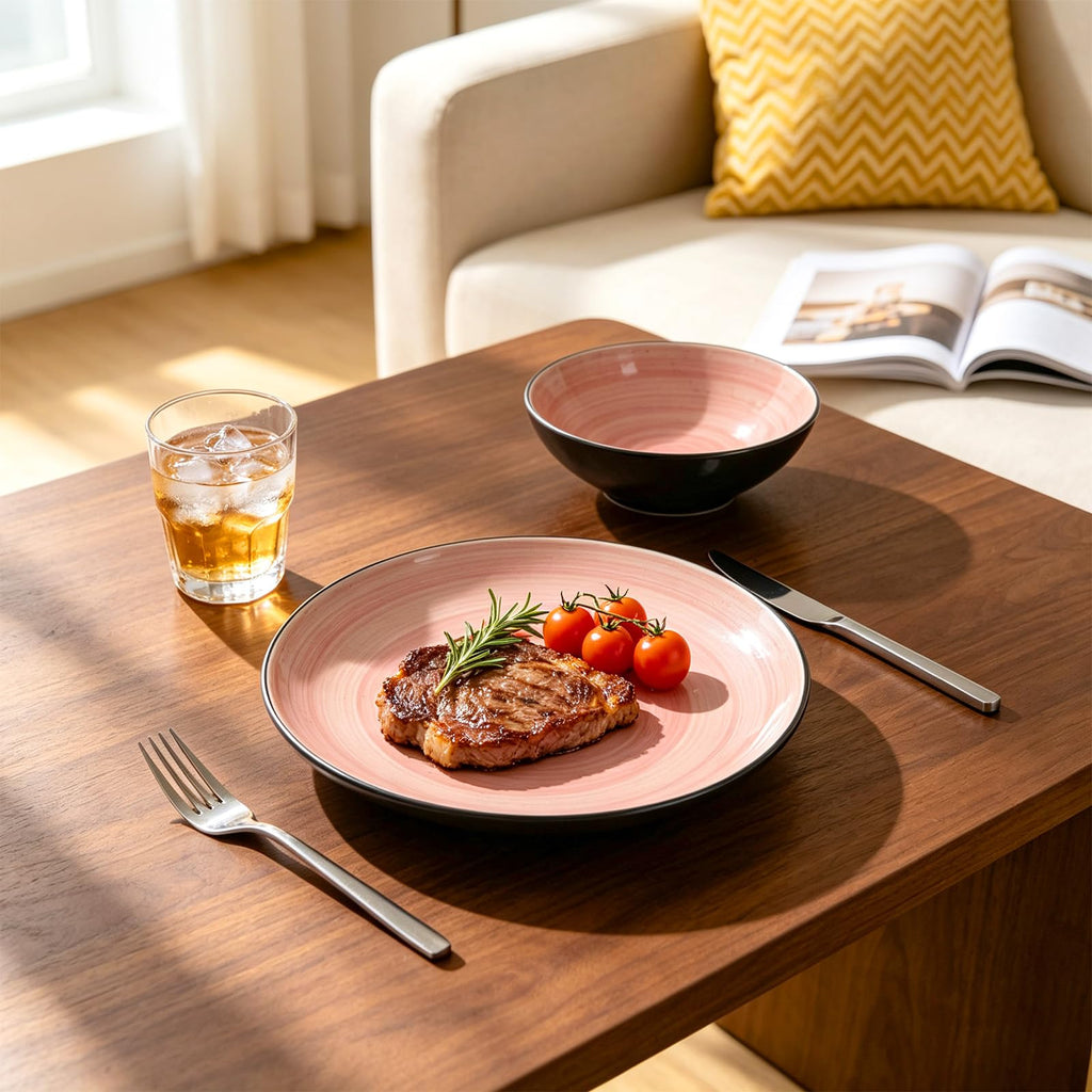 Stoneware Dinnerware Set, Sonoma 18 Piece Service for 6, Black & Speckled Pink Spinwash Plates and Bowls, Microwave &