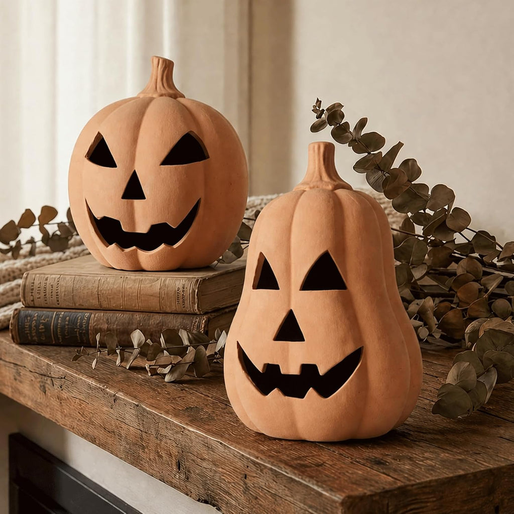 Halloween Decorations Handmade Terracotta Jack O' Lanterns - Set of 2