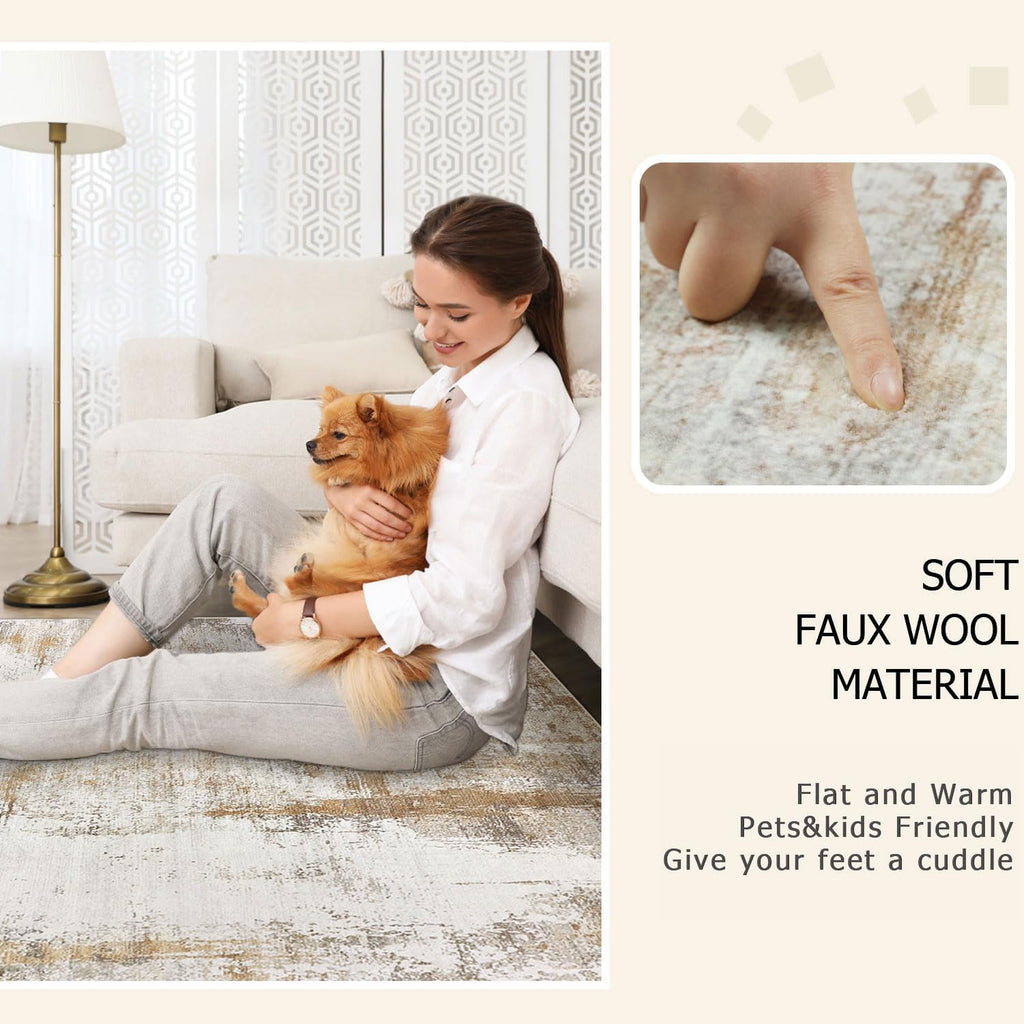 5x8 Area Rug, Abstract Washable Rugs Low Pile Neutral Area Rug Aesthetic Non Slip Rubber Backed Carpet Rugs Bedroom