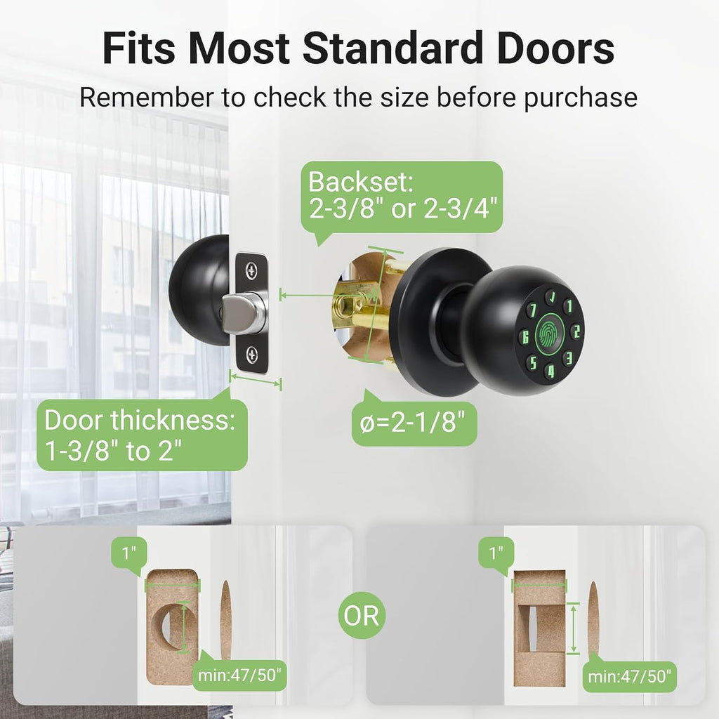 Smart Fingerprint Door Knob , Biometric Door Lock with Code & Key, Auto-Locking Thumbprint Door Knob for Interior