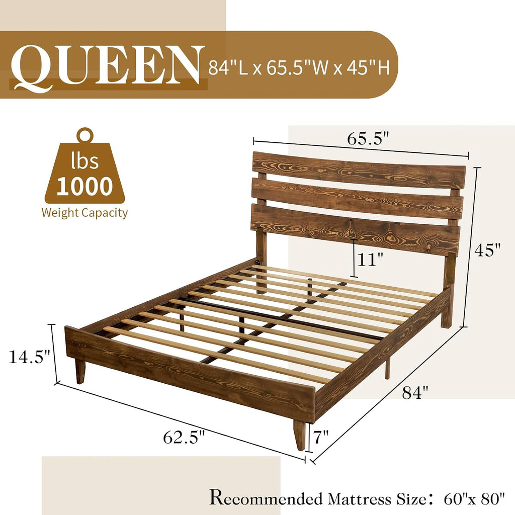 14" Queen Size Bed Frame with Headboard, Japanese Style, Chocolate