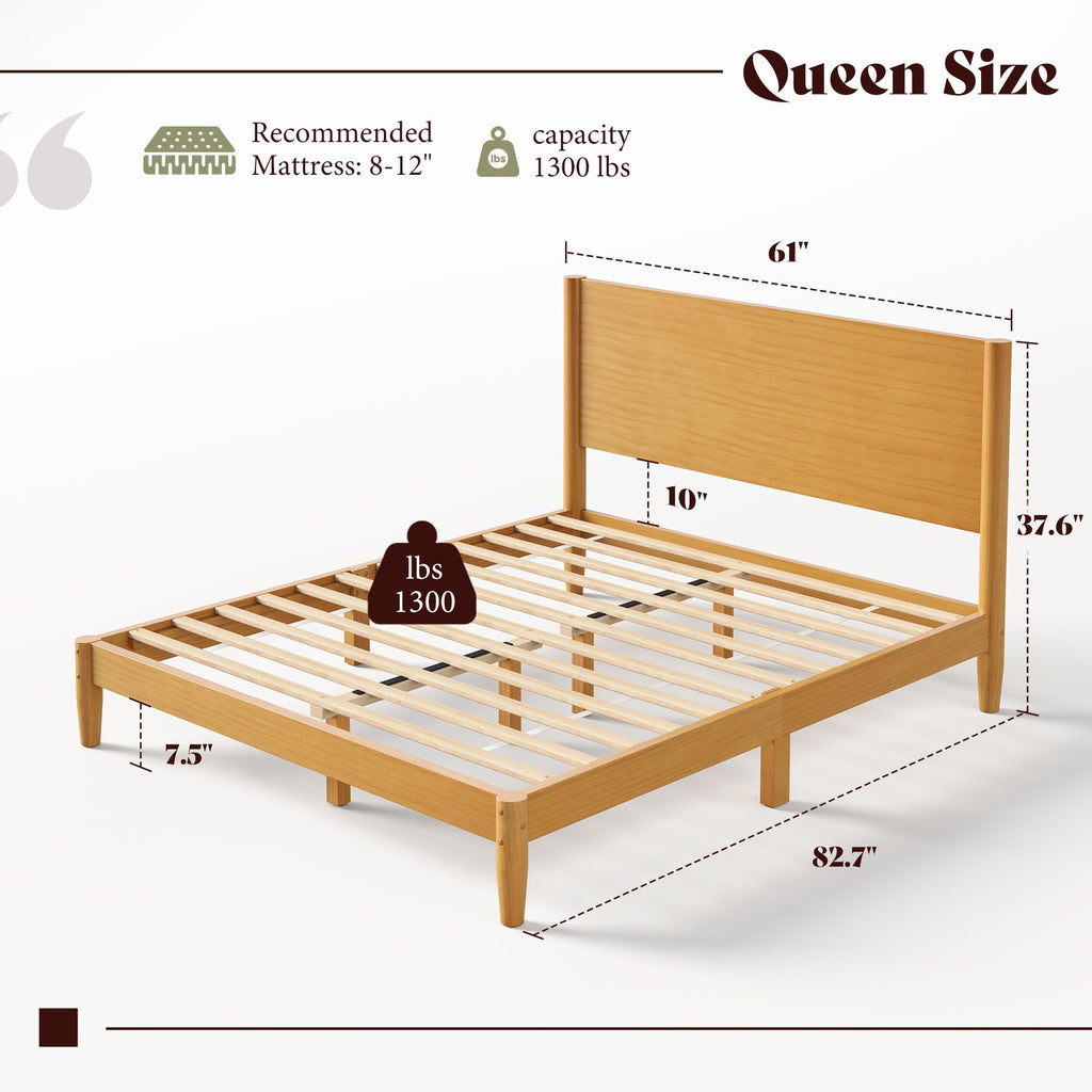 Solid Wood Queen Bed Frame, Mid Century Bed with Headboard, Yellow