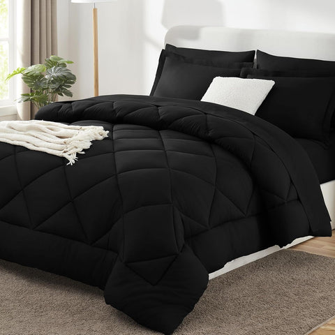 Queen Comforter Set Black - Bed in a Bag Queen 7 Pieces, Luxury Soft Bed Set for All Seasons