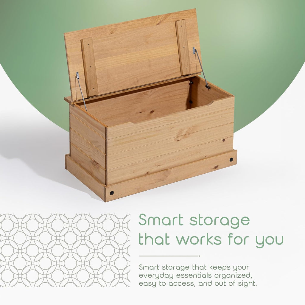 Corona Storage Chest with Lid - Natural Wood Trunk , or Living Room - Safe-Stay Hinged Top for Easy Access