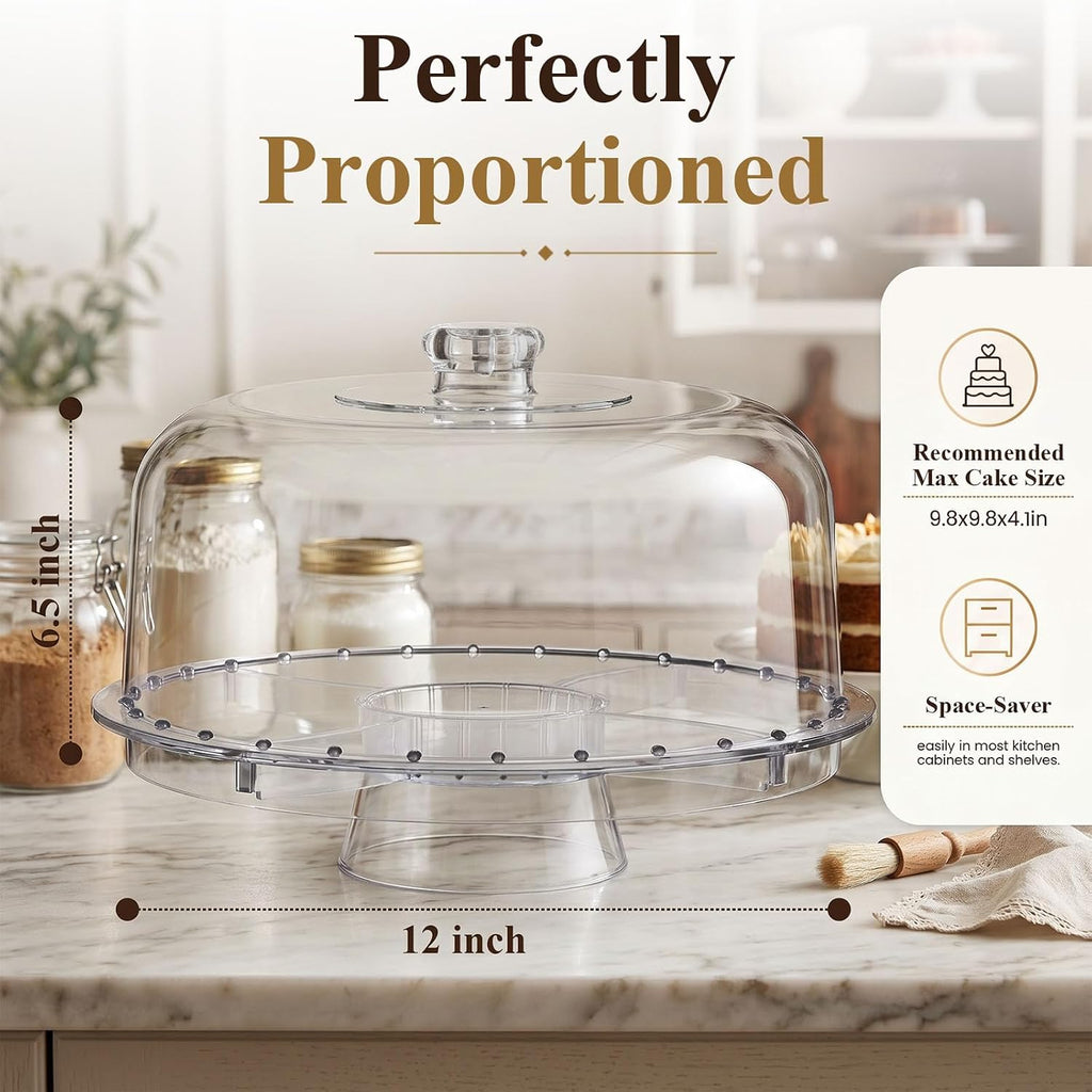 12" Extra Large 6-in-1 Acrylic Cake Stand with Dome Lid, Multifunctional Serving Platter for Cookie, Fruits, Punch