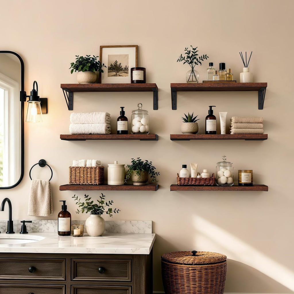 Wall Mounted Floating Shelves (Rustic Brown, Set of 6, 16" Uniform)
