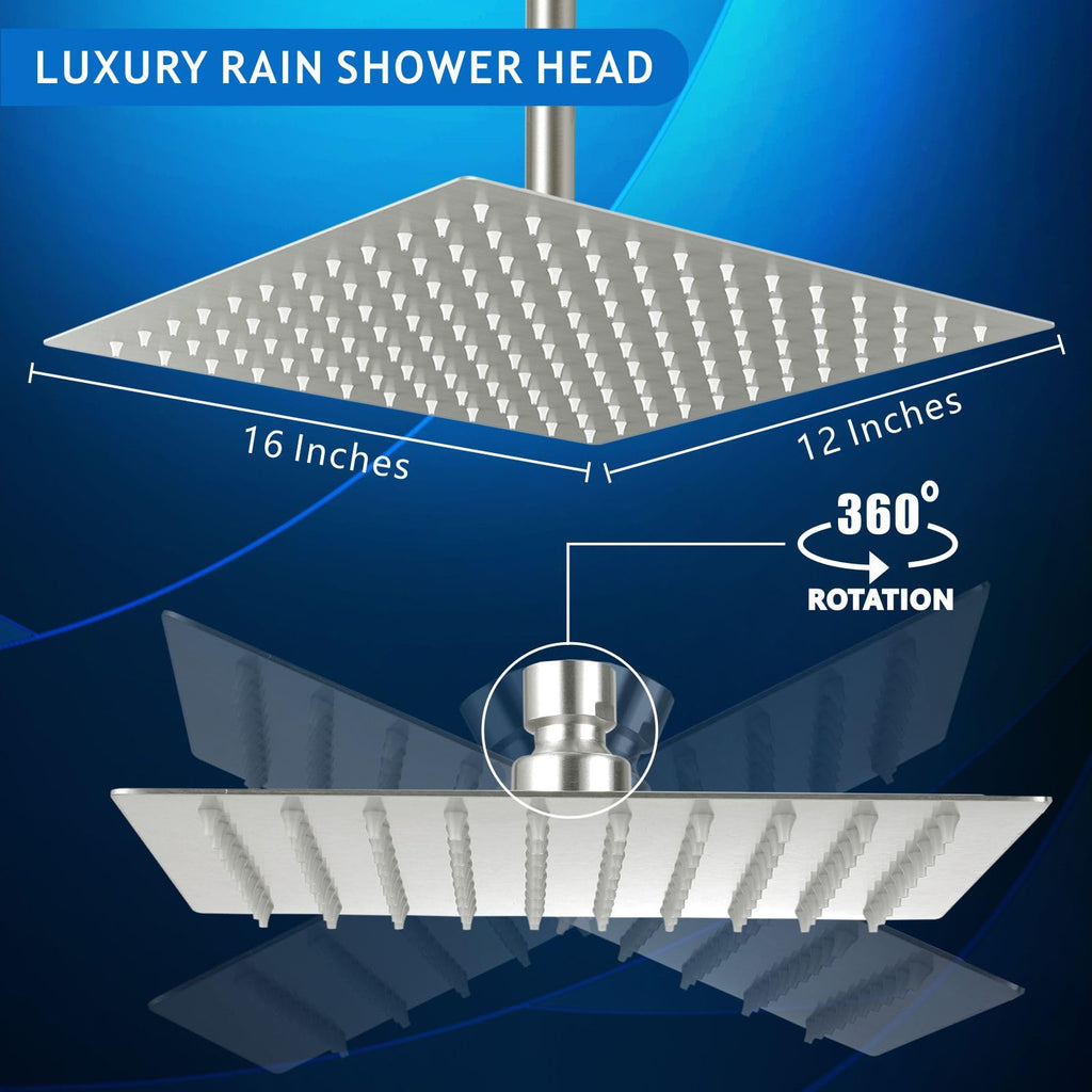 Extra Large Rain Shower Head - High Flow Square Rainfall Showerhead - Waterfall Full Body Coverage - Universal