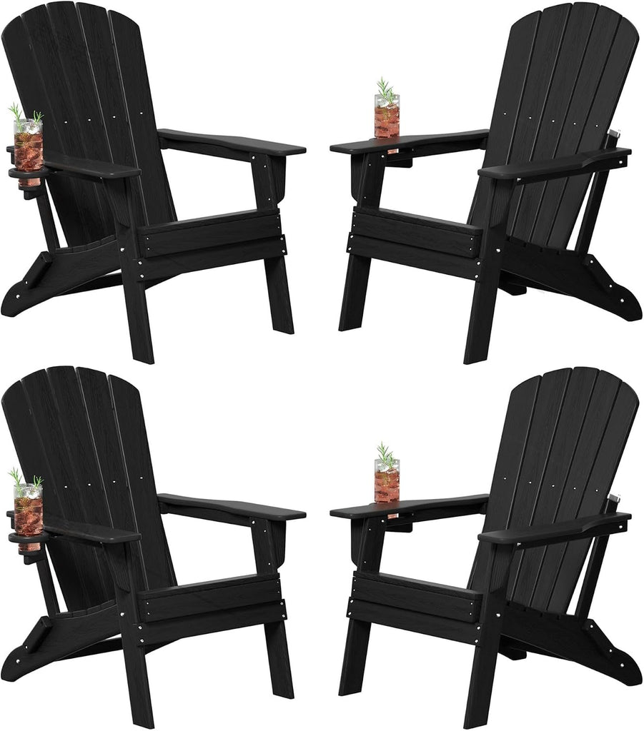 Folding Adirondack Chair Set of 4, Cup Holder,Wooden Textured ,Heavy All-Weather HDPE Comfortable Set Poolside