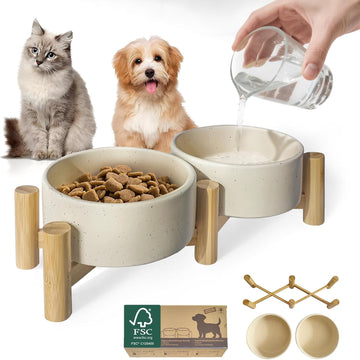 Elevated Dog Bowl & Cat Dish 27oz - Raised Ceramic Pet Food and Water Bowls with Bamboo Stand, Feeding Station