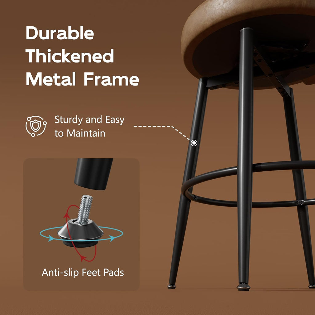 Bar Stools Set of 4, 26" Counter Height Swivel Leather Bar Stools, Upholstered Barstools with Back & Footrest Metal