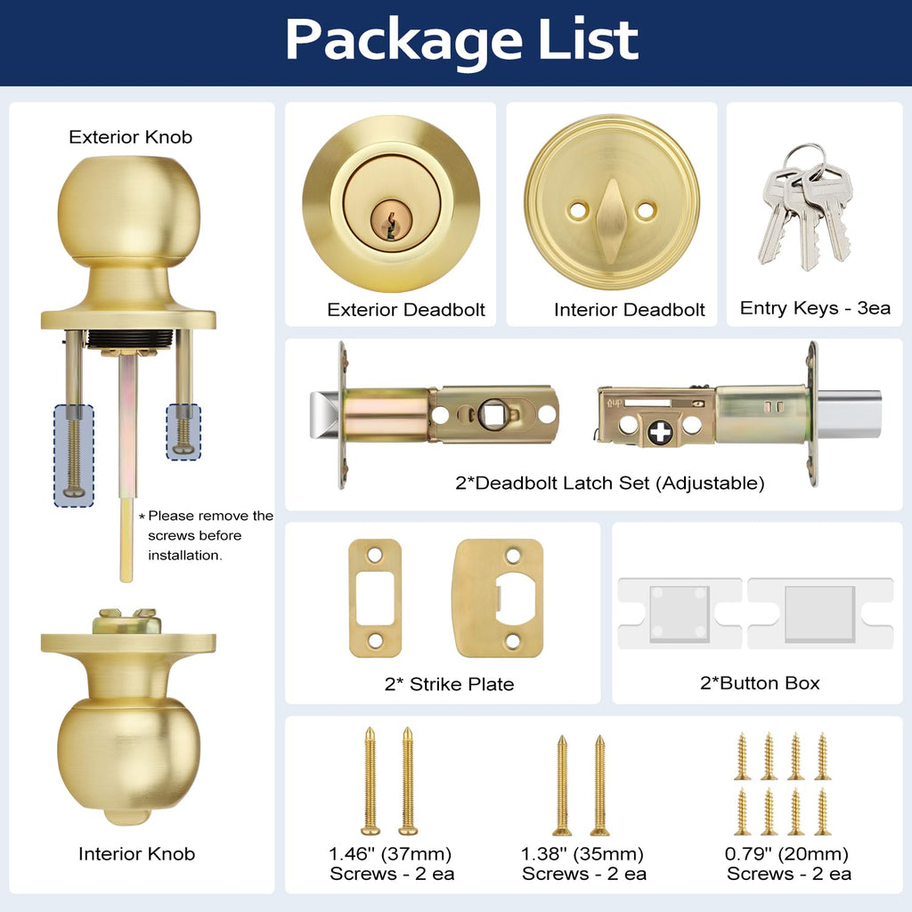 3 Pack Satin Brass Entry Door Locksets with Deadbolt