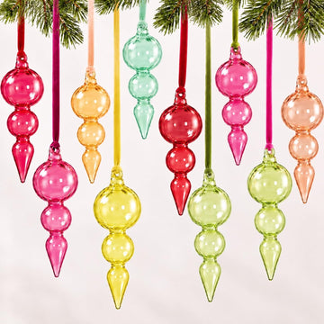 9 Pcs Hand Blown Glass Finial Christmas Ornaments, Iridescent