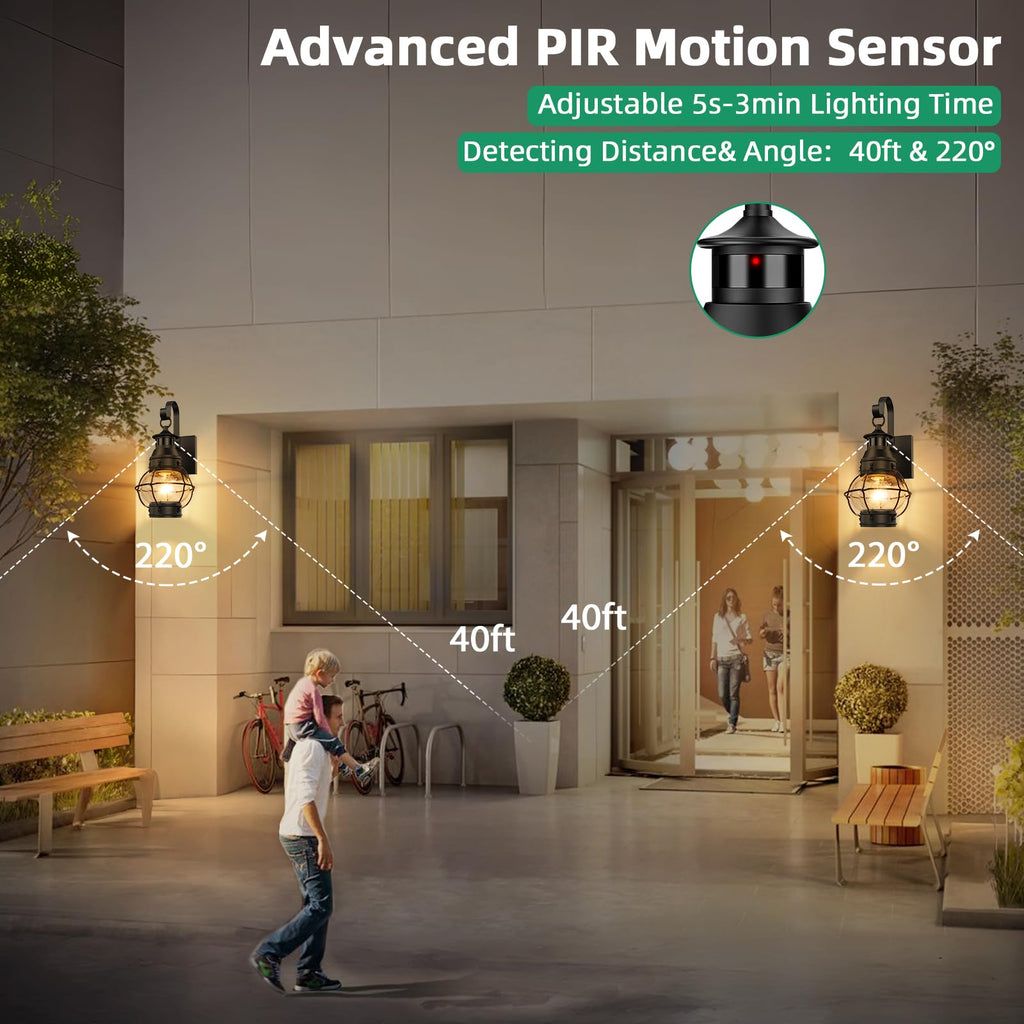 Motion Sensor Outdoor Wall Light, Dusk to Dawn Porch Light, Black