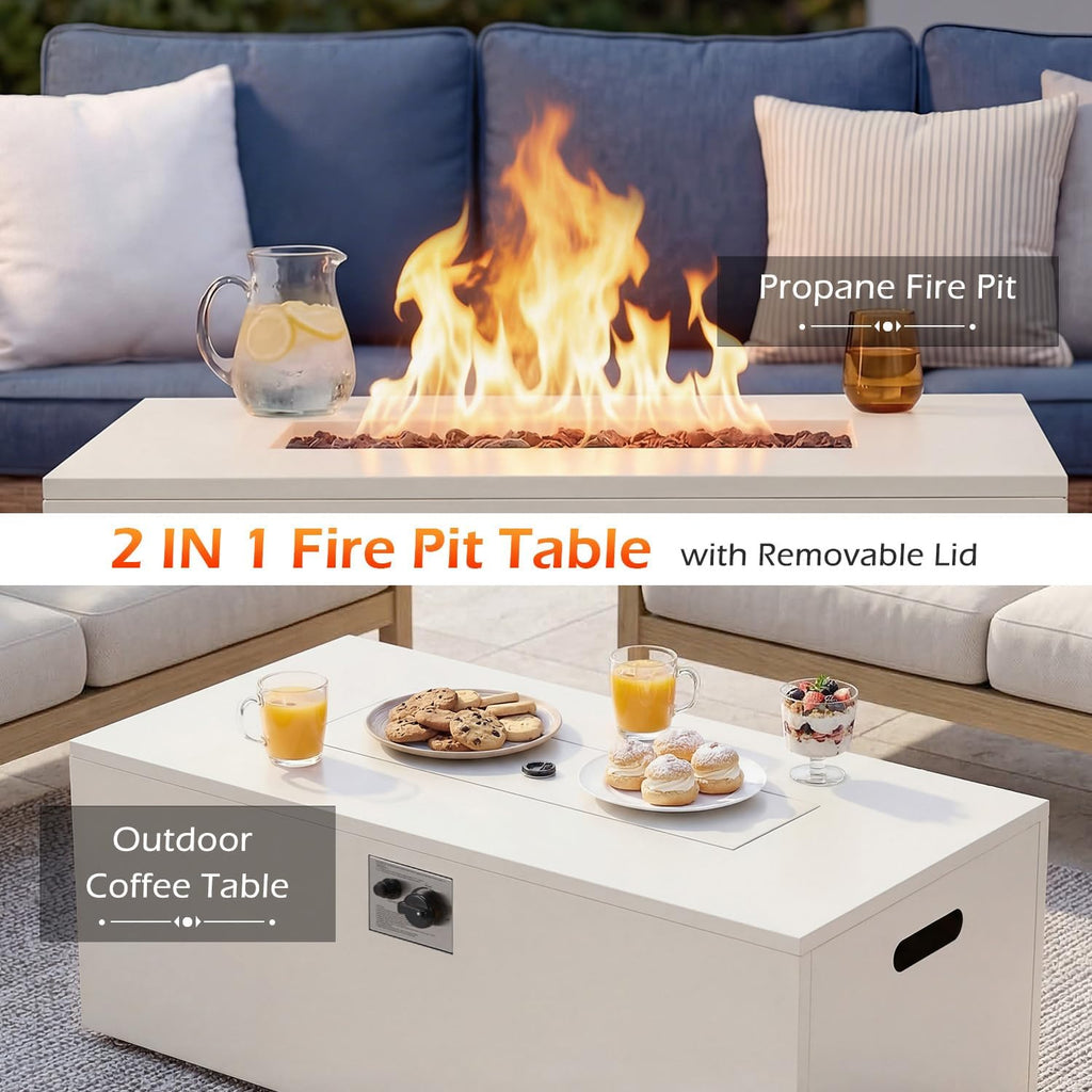 42" Gas Fire Pit Table Outdoor Rectangle Propane Fire Pit No Tank Holder | 50,000 BTU 2 in 1 Low Profile Firepit