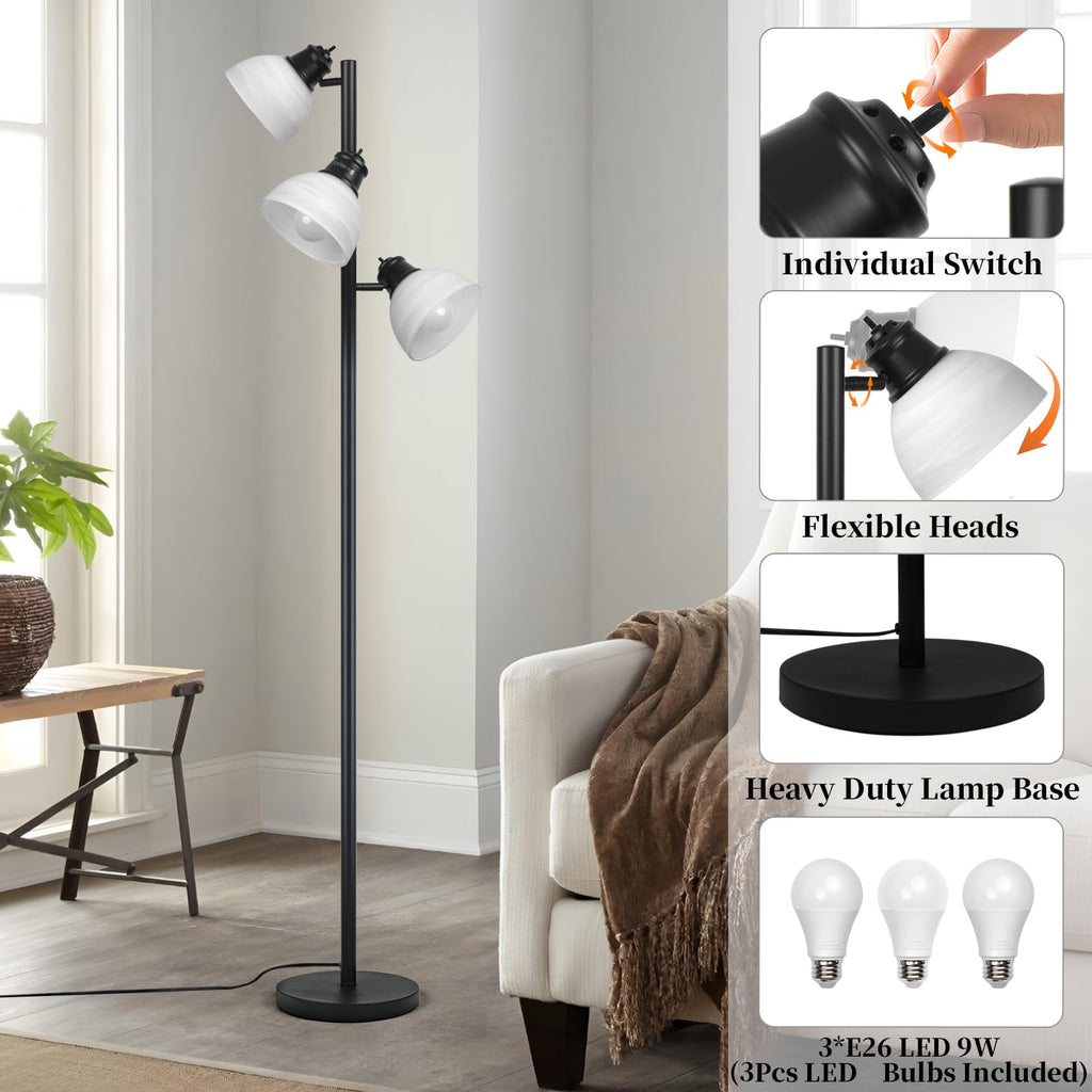 3 Head Tree Floor Lamp, Black Industrial Glass Shades