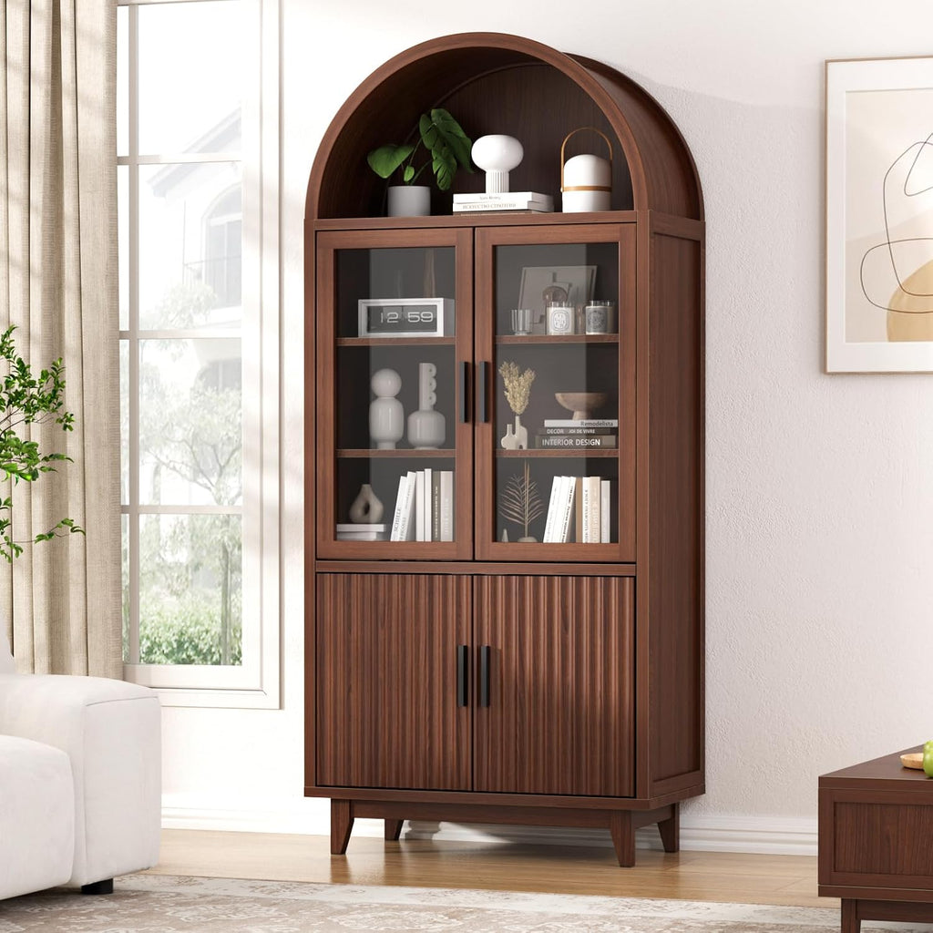 Kitchen Pantry Cabinet with Glass Doors, Arched Design,Walnut | Solid Wood Legs, Artistic Fluted Doors, Adjustable