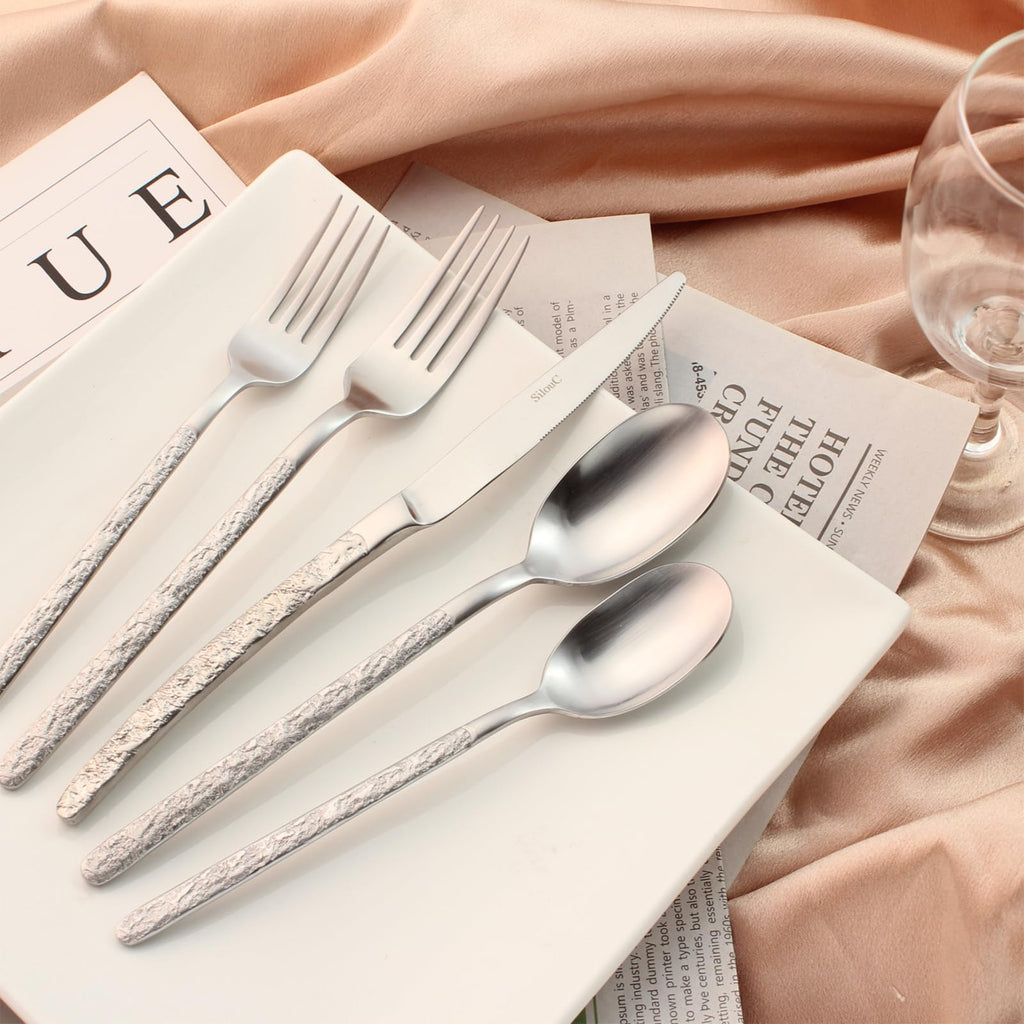 30-Piece Silverware Set, SILVER Hammered Flatware, Dishwasher Safe