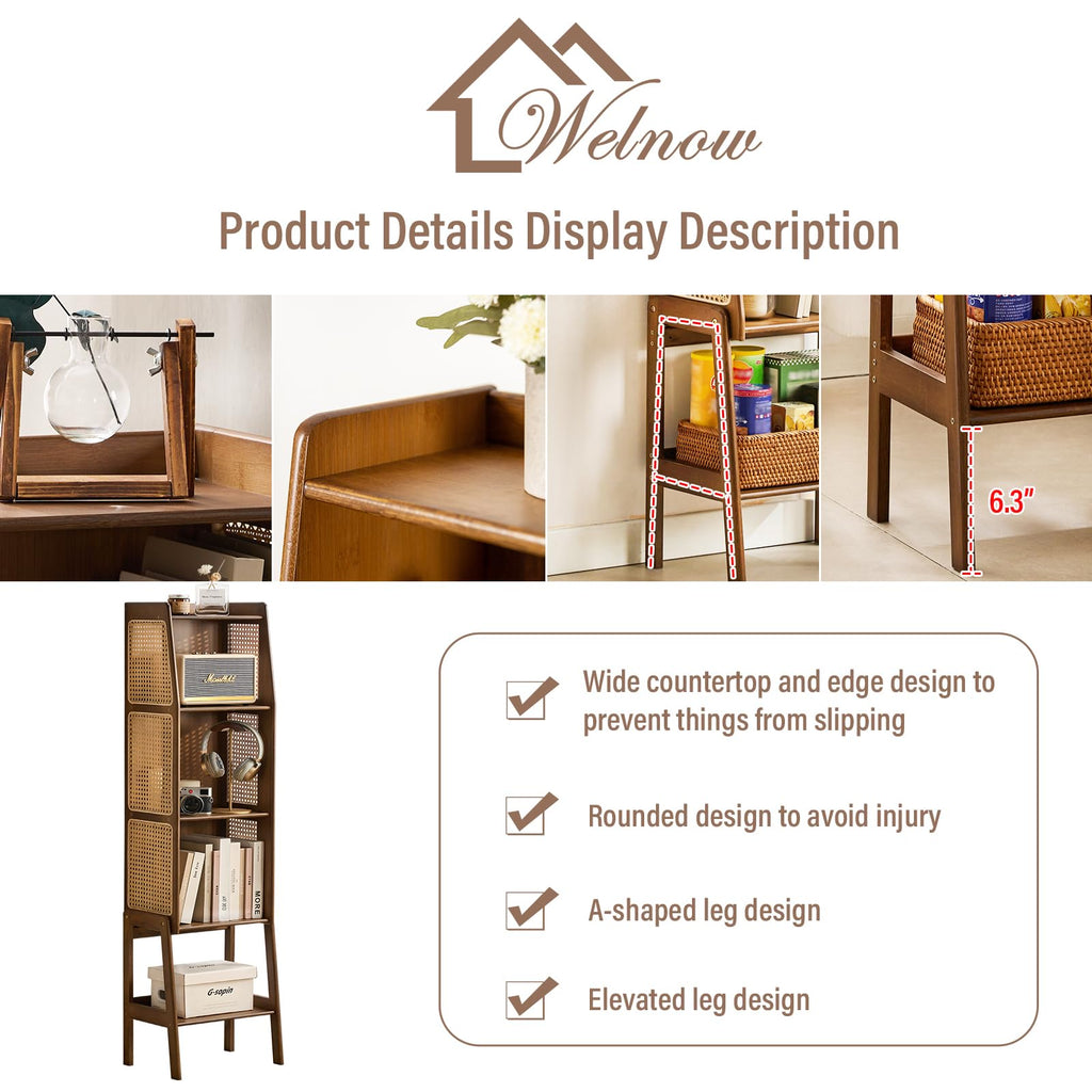 Bamboo Rattan Bookcase with Cabinet, 4-Tier Wicker Bookshelf, Walnut