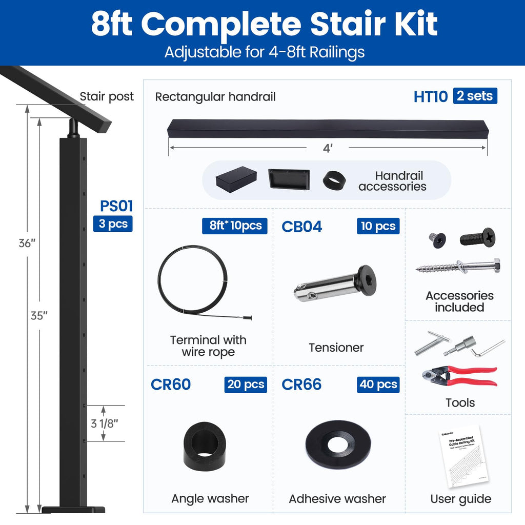 4-8ft Pre-Crimped Complete Cable Railing Kit for Stairs 36in RC09