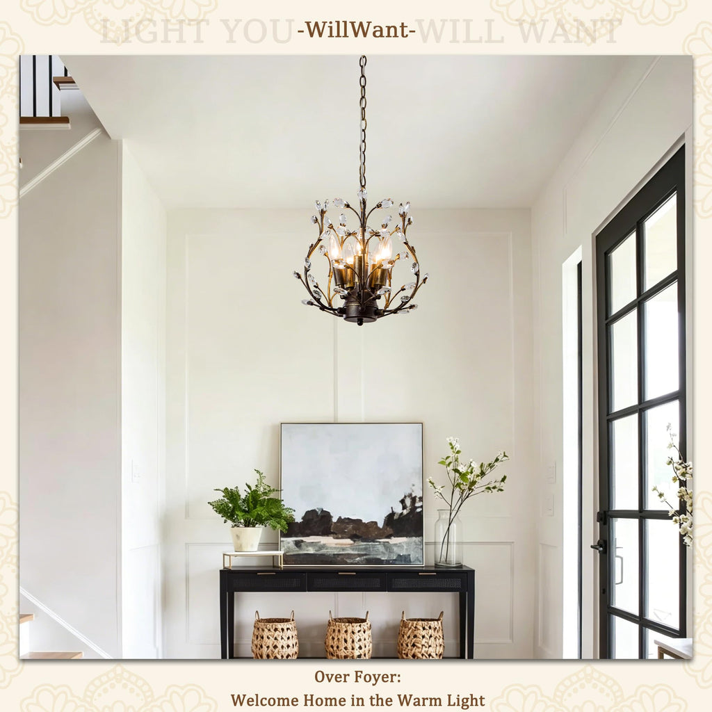 Vintage 5 Light Crystal Chandelier, Aged Bronze Tree Branch