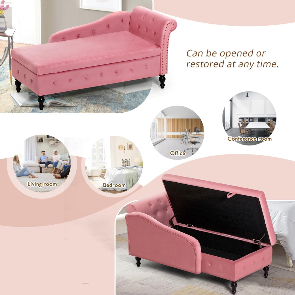 Velvet Chaise Lounge w/Right Armrest & Storage Space, Pink