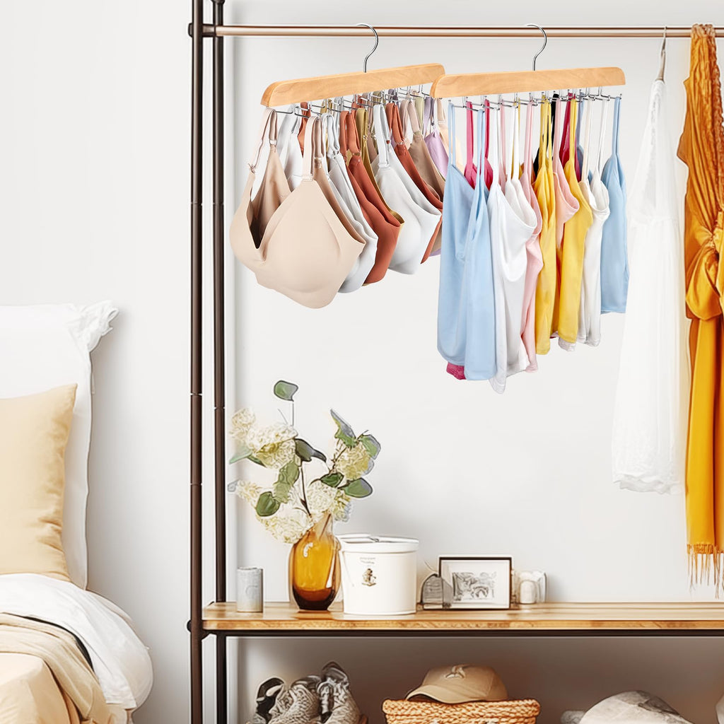 Tank Top Hanger with Premium Wood, 24 Large Capacity, Space Saving, 360 Degree Rotating, Foldable Metal Hooks, Tank