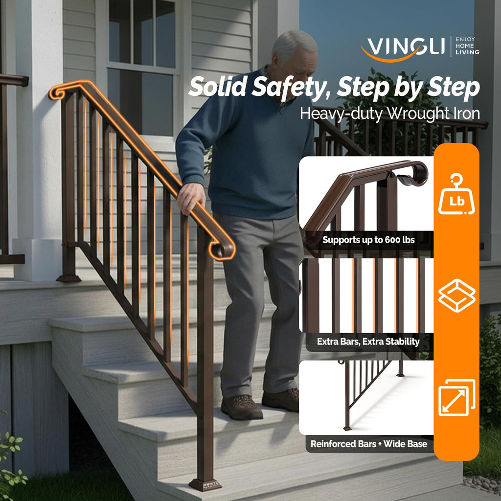 Handrails for Outdoor Steps, Stair Handrail Fits 1 to 5 Steps, Wrought Iron Hand Rail Stair Railing Kit for