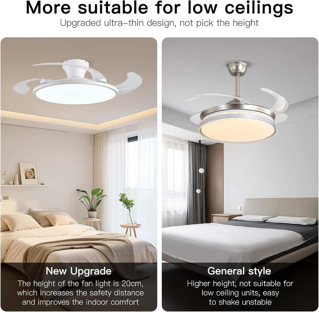 Retractable Ceiling Fan with Lights,42 Inch Low Profile Ceiling Fan with Remote Control,Retractable Blades,Dimmable