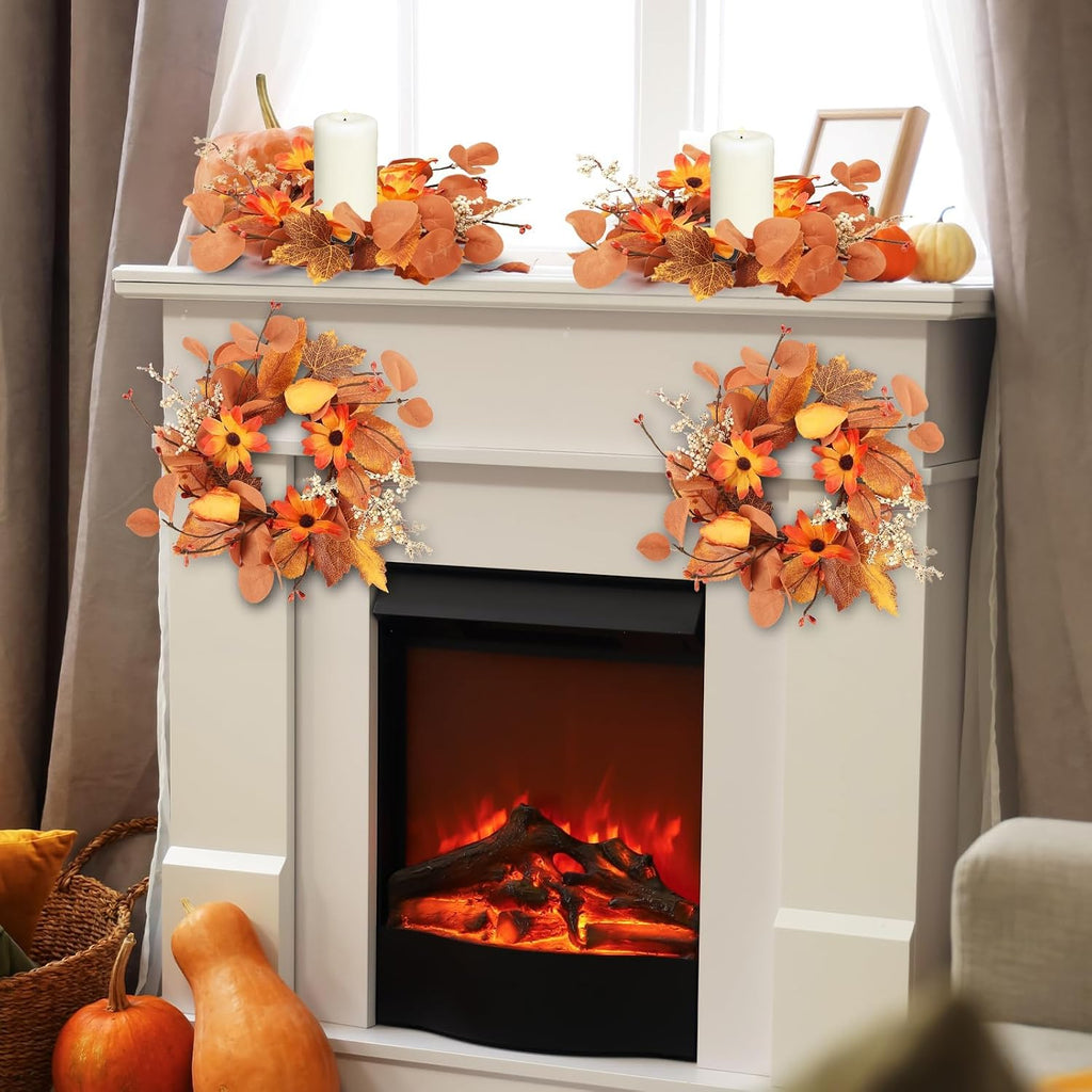 Fall Floral Candle Rings Wreaths Autumn Flower Rings for Centerpieces Harvest Pumpkins Wreath Mini Thanksgiving - Set of 4
