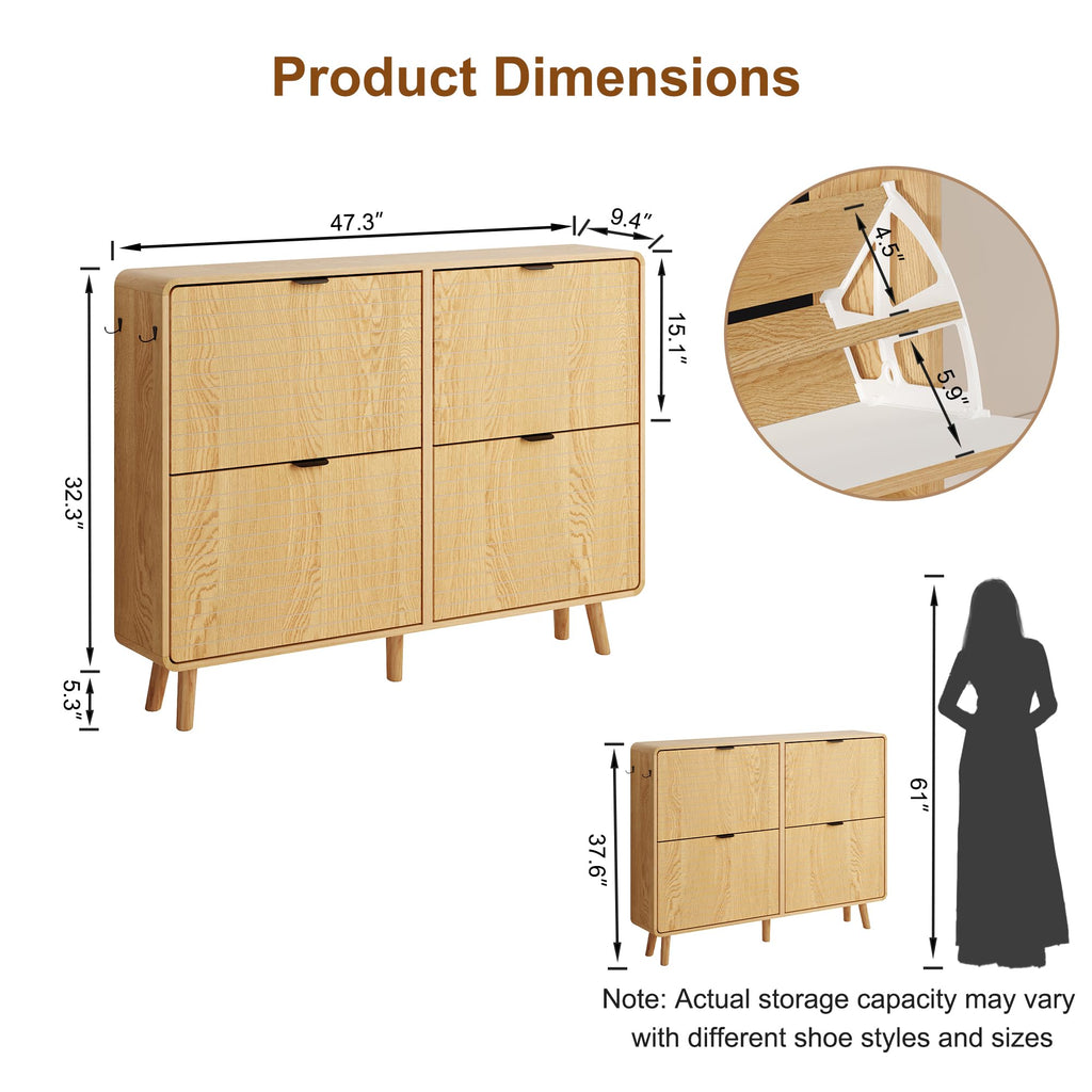 Fluted Shoe Storage Cabinet with 4 Flip Drawers, Oak
