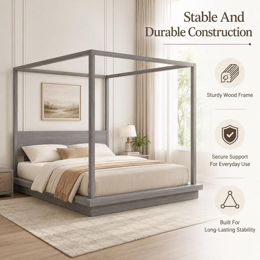 Wooden Canopy Bed Frame Gray Vintage Rustic