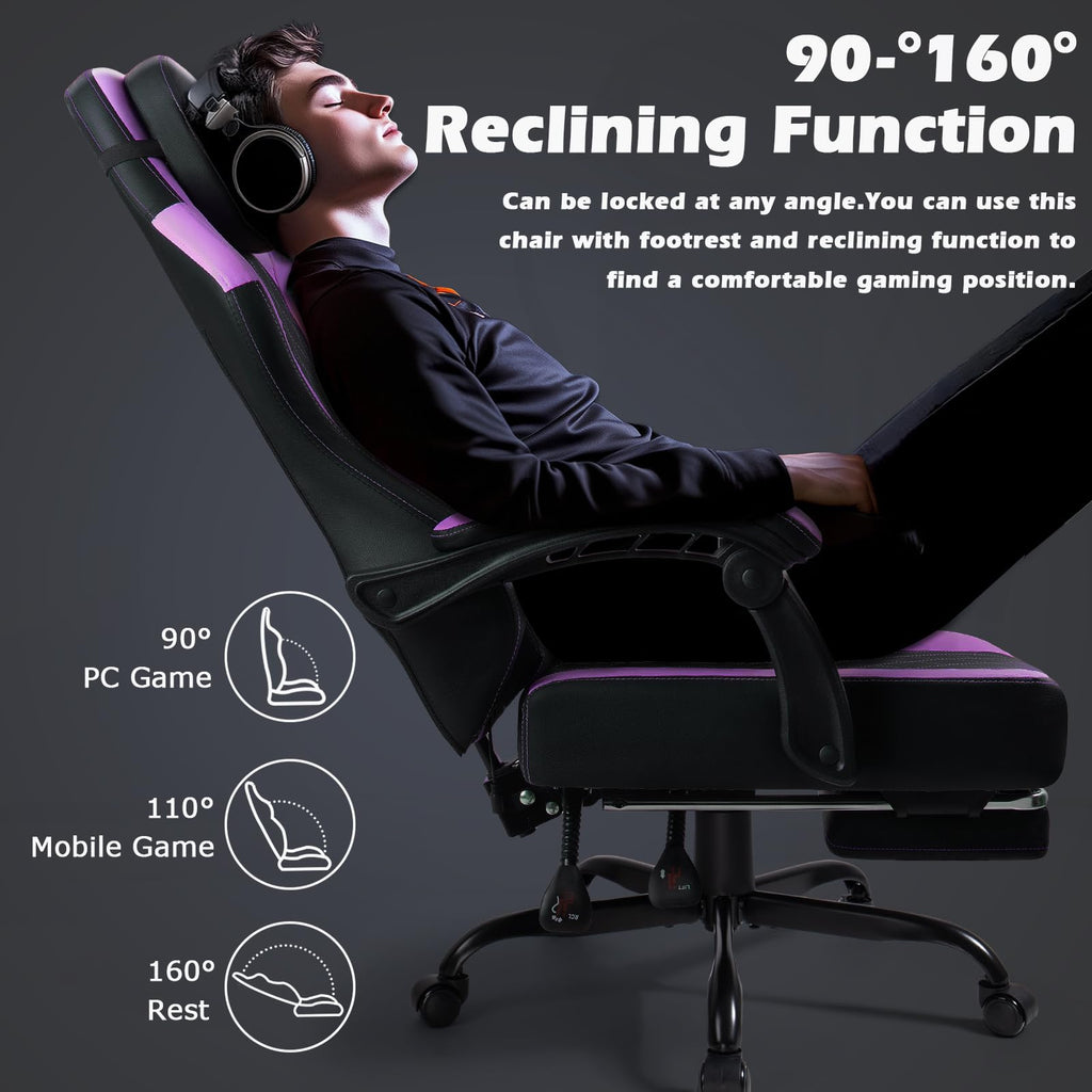 Gaming Chair with Footrest, Ergonomic Gamer Chair for Adults, Racing Style Reclining Computer Game Chair with Headrest