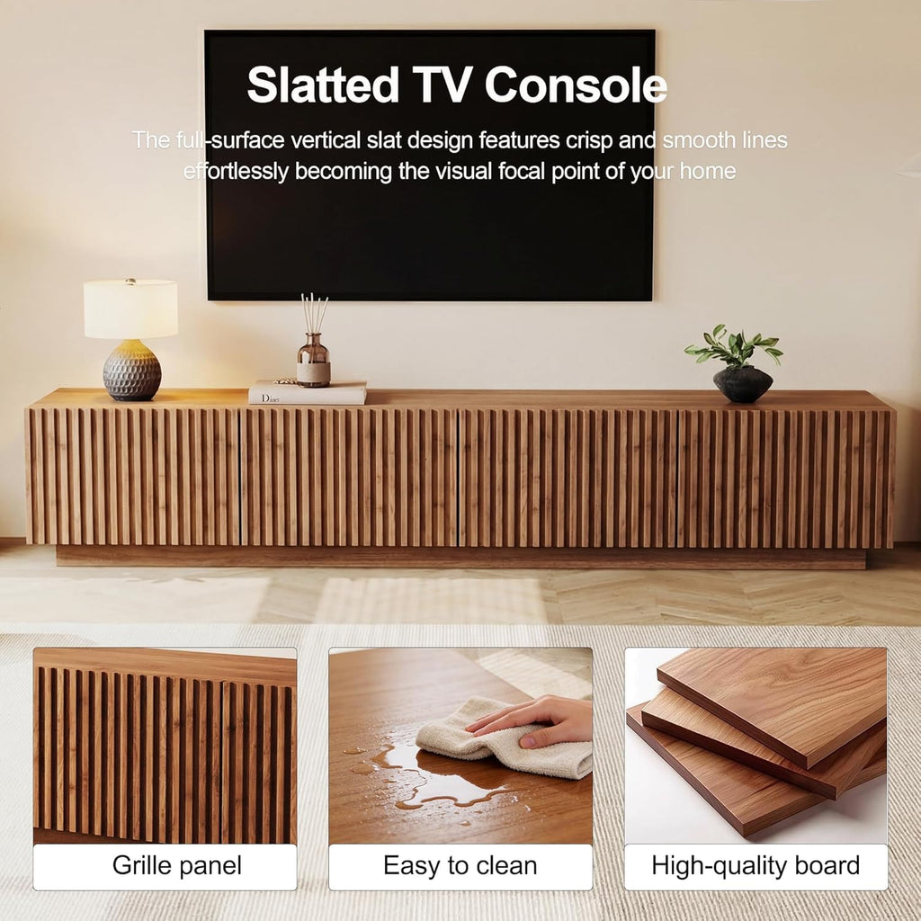 Modern 86.61" Extra Long TV Stand with Fluted Sliding Doors, Media Console Cabinet with Large Storage Compartments &