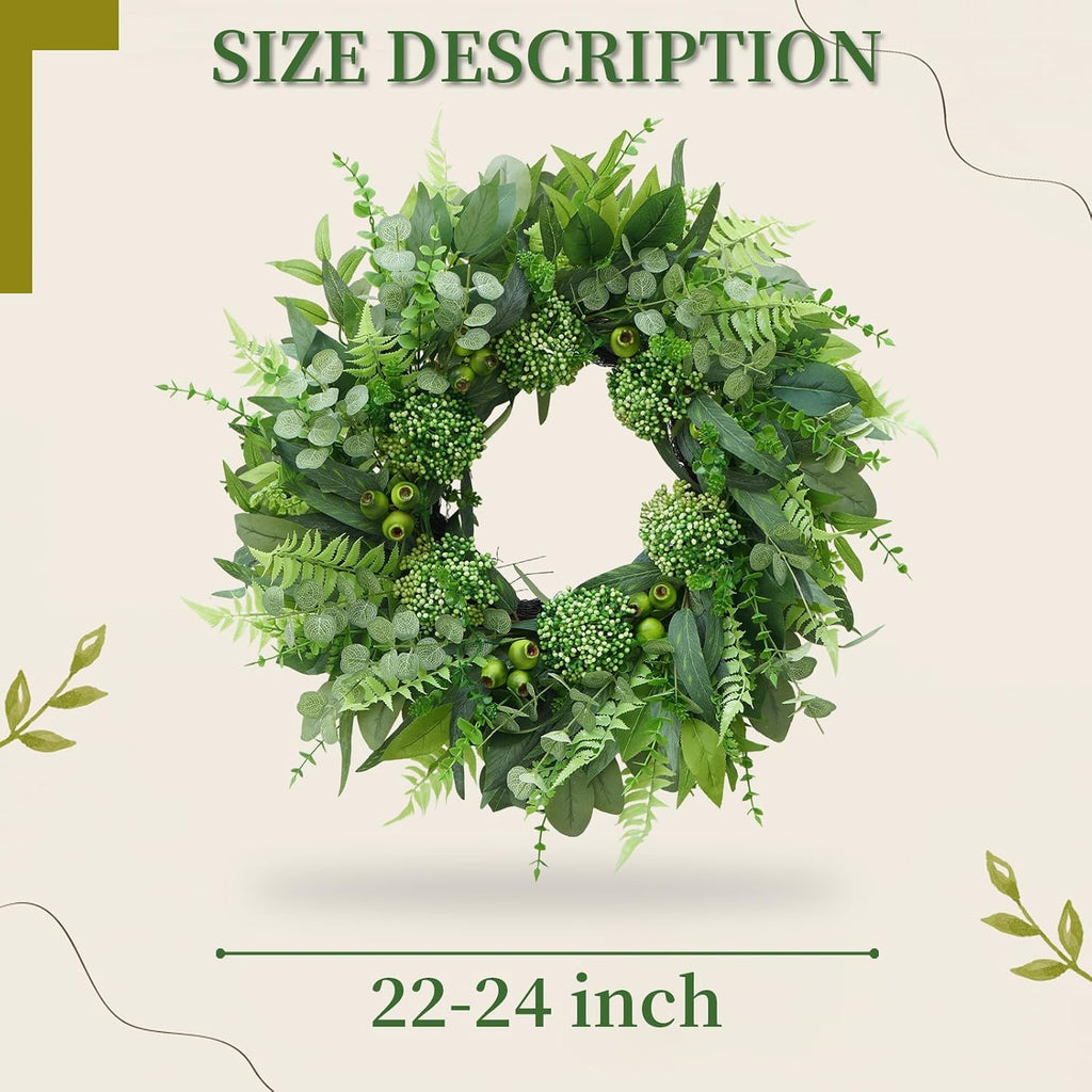 24 Inch Artificial Greenery Wreath for Front Door - Green Wreath with Eucalyptus and Fern Leaves, Spring Summer Fall