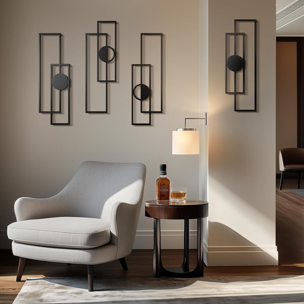 Abstract Metal Wall Art Large Modern Black Geometric Decor - Set of 4