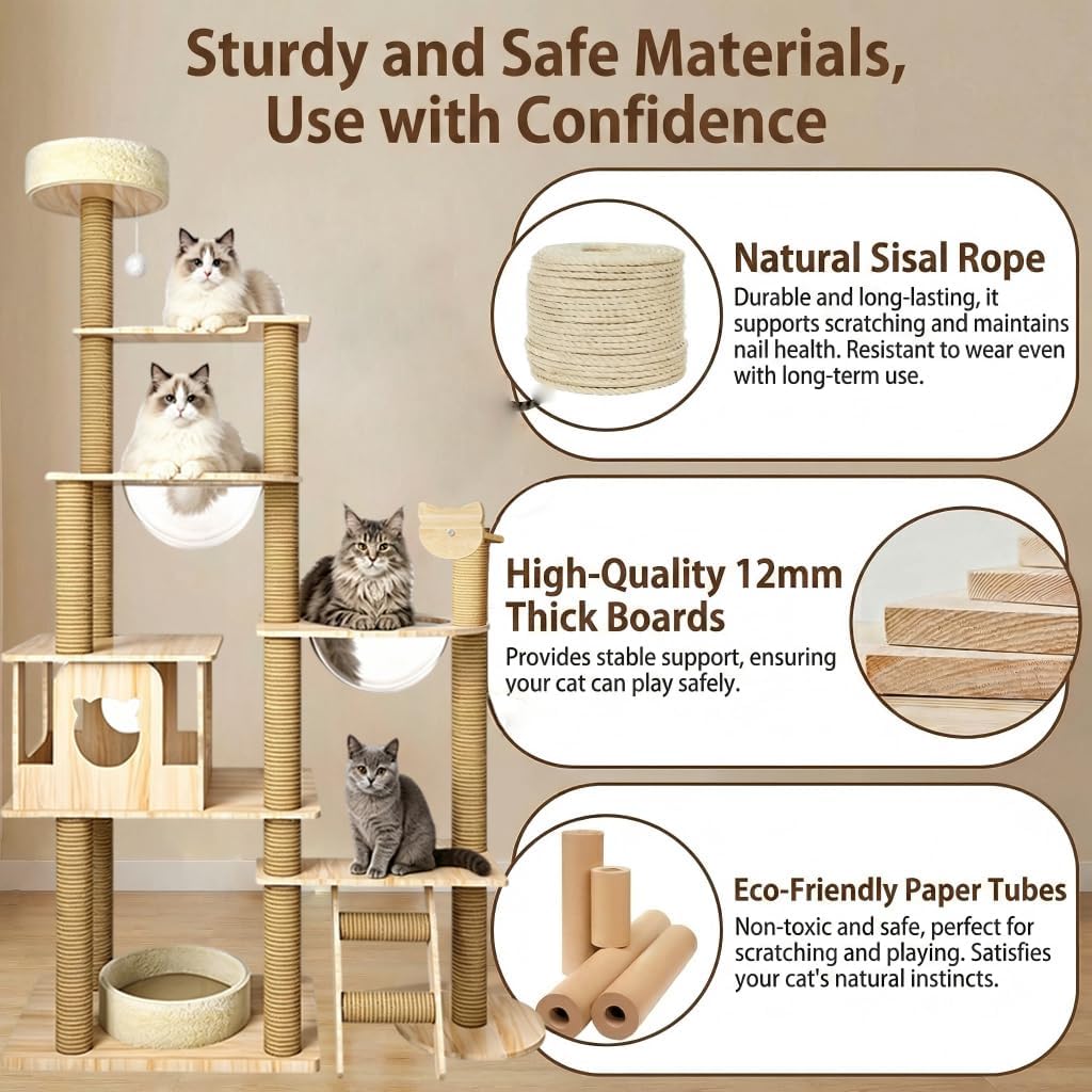 63.7-Inch Cat Tree for Indoor Cats Large Adult, 2 Space Capsule, 12 Sisal Scratching Posts, Top Perch, Toy Balls, Plush