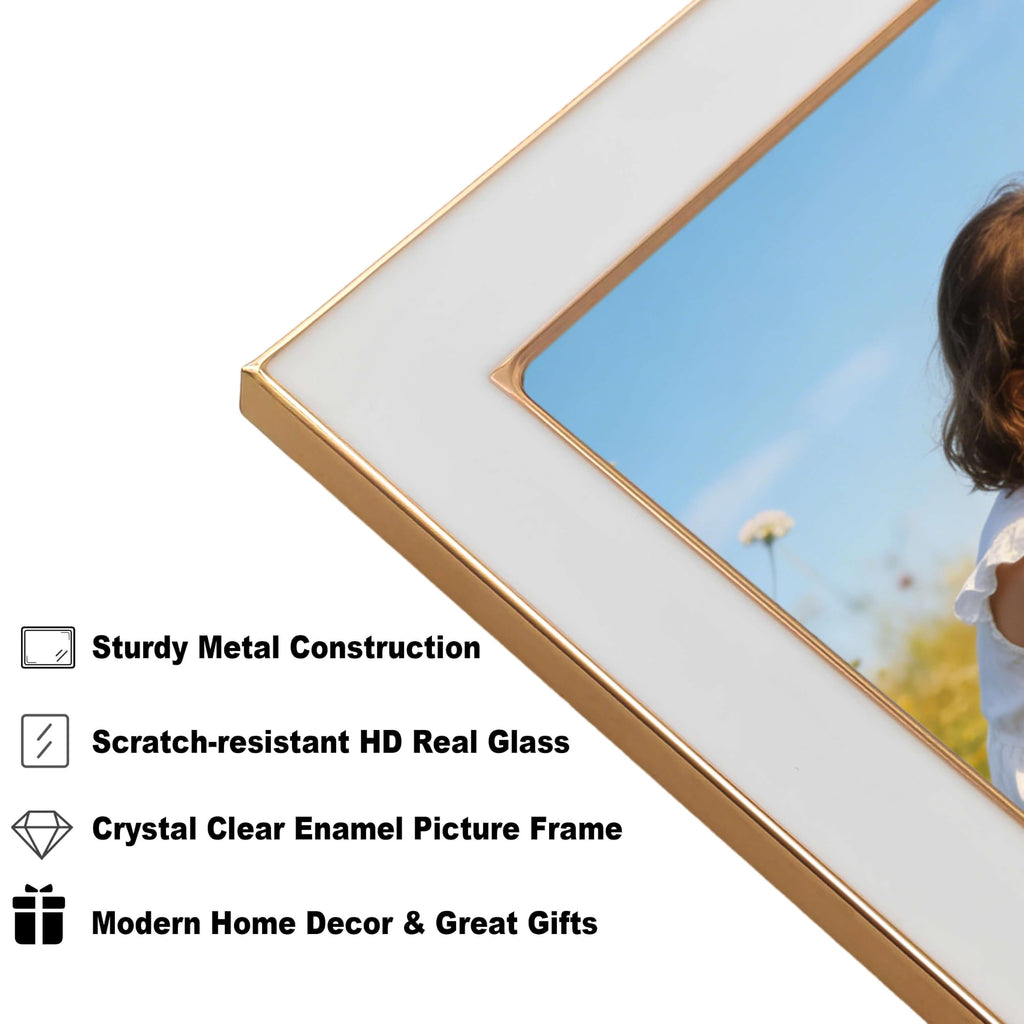 4x6 Double Picture Frame with White Enamel Finish, Gold Edge Metal Hinged Photo Frames, Real Glass Front Velvet Back