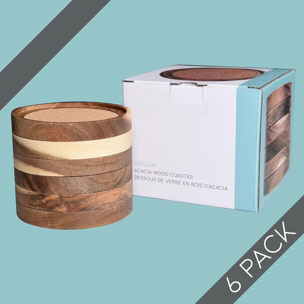 Acacia Wood Coasters for Drinks, 4.13 Inch, Absorbent and Insulation Cork Stackable Cup Holders, Rustic - Set of 6