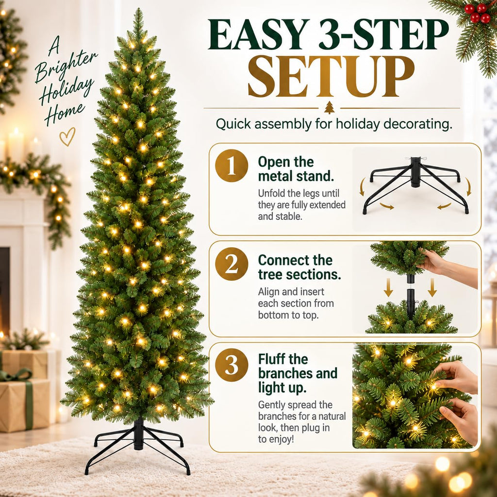 9FT Slim Pre-Lit Artificial Pencil Christmas Tree&Warm White Lights