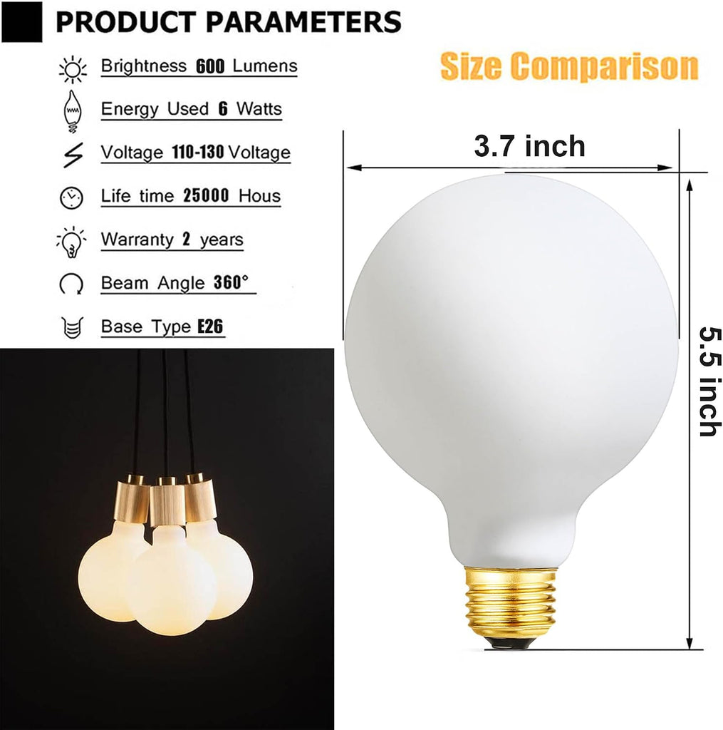 LED Light Bulb G30/G95 Dimmable Flick-Free Matt White 6W Warm White 2700k CRI95 600LM, 60W Equivalent Vintage LED