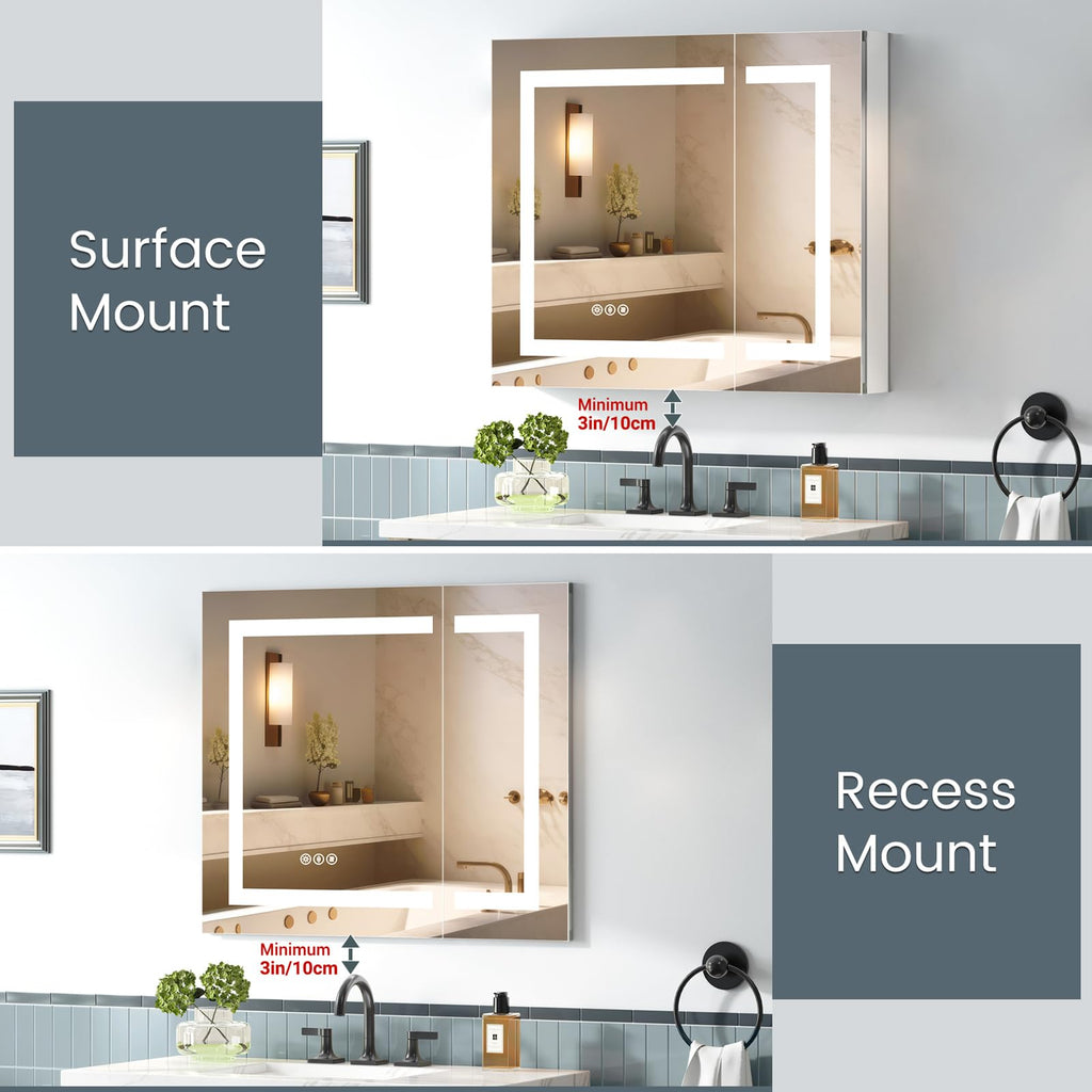 Medicine Cabinet with Lights 30x26 Inch, Aluminum Alloy Frame with Side Mirrors &Dual Mirrored Doors, Recessed or