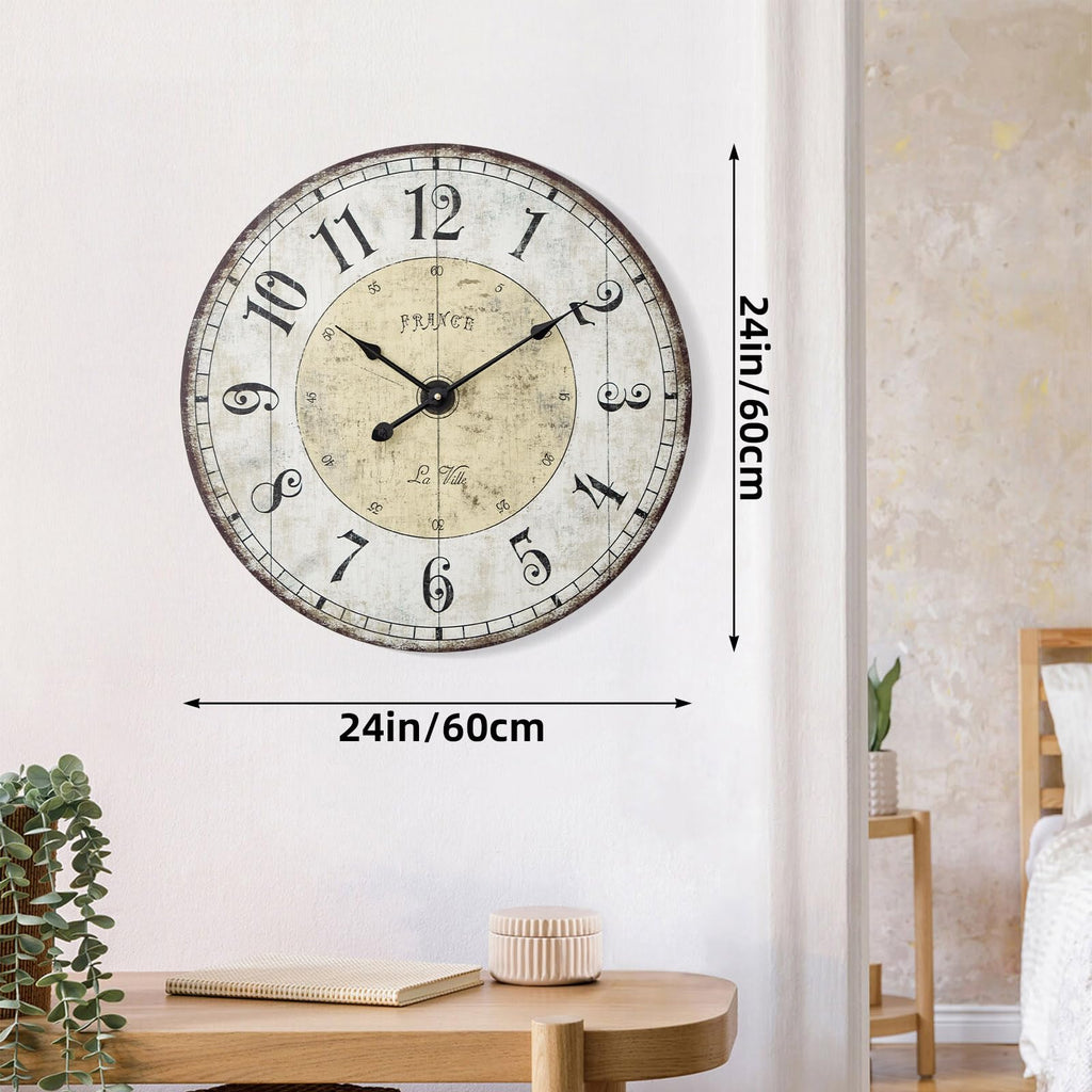 24 Inch Large Wall Clock, Rustic Round Farmhouse Wall Clocks Decor, Silent Non-Ticking Battery Operated Clock with