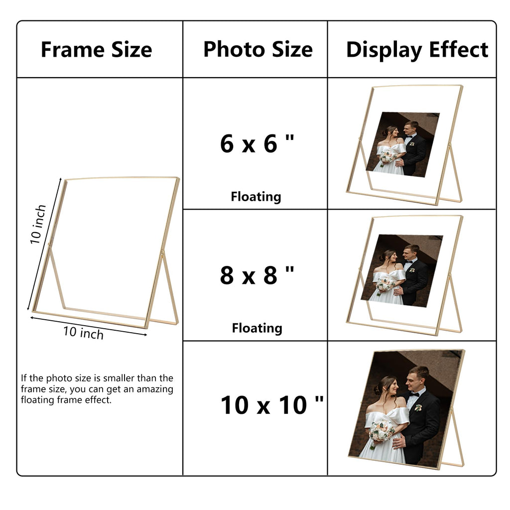 Gold 10x10 Floating Frame 2 Pack for Photo Size(5x5'', 6x6'', 8x8''), Adjustable Tabletop/Shelf floating Photo Frame, for