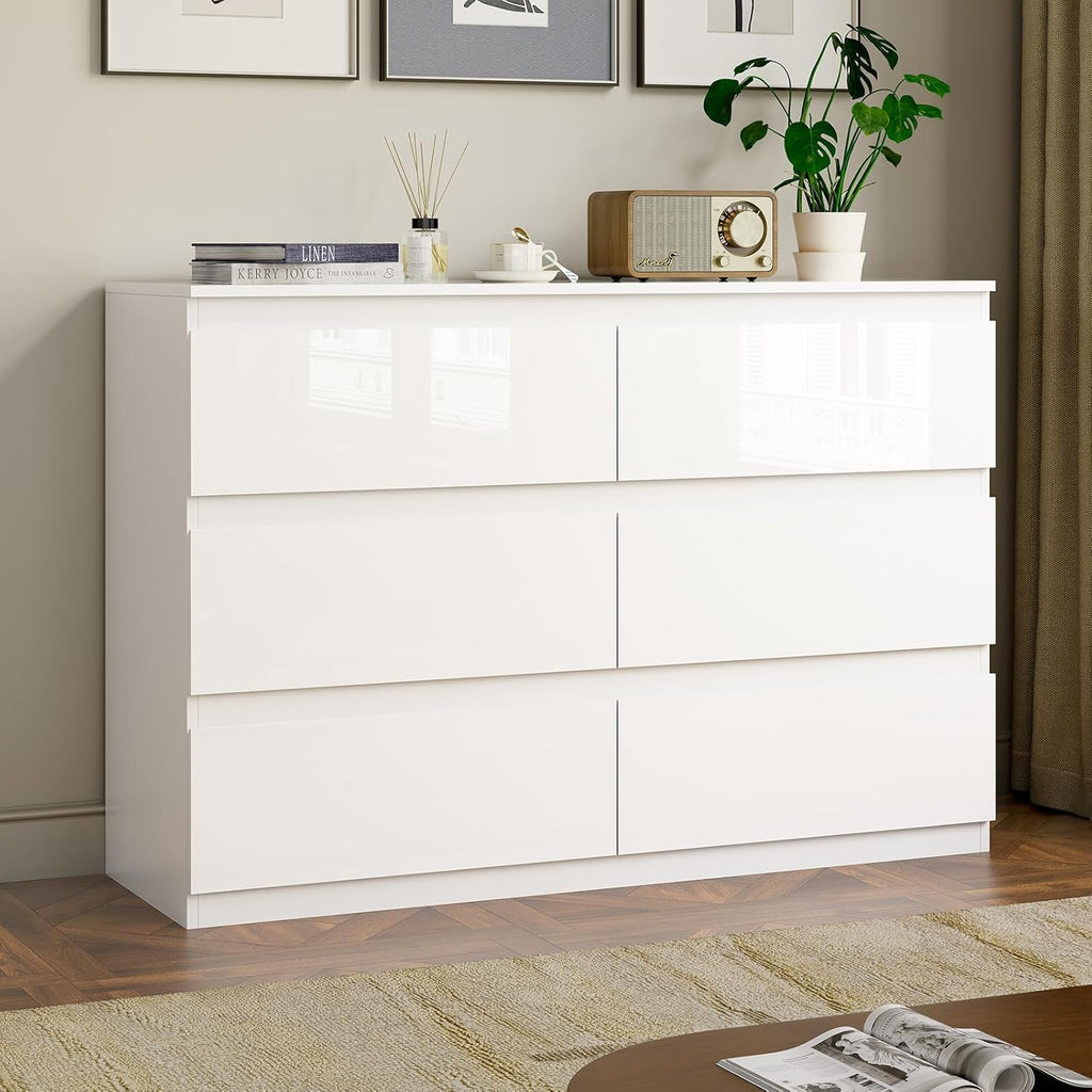 White Dresser Wood 6 Drawer Modern High Gloss | 47" Wide, Handle-Free, long, TV Stand, Storing CLothes, Dressers &