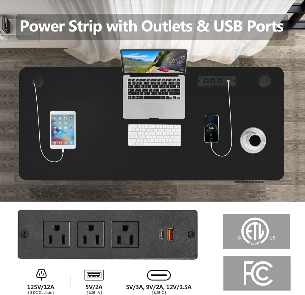 Electric Standing Desk with Power Outlets and USB-C Port, 55 x 24 Inches Adjustable Height Sit Stand Up Desk