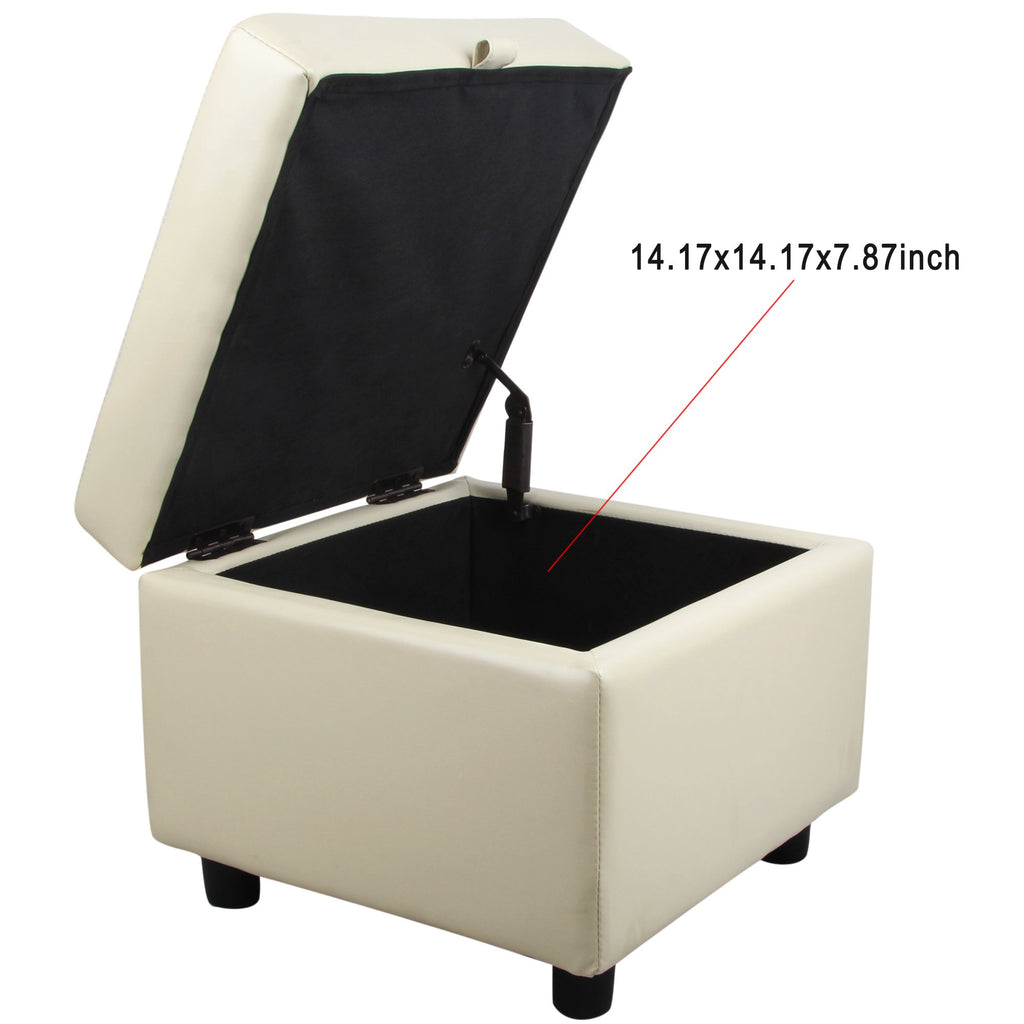 Tufted Leather Square Flip Top Storage Ottoman Cube Foot Rest (Cream with Storage)